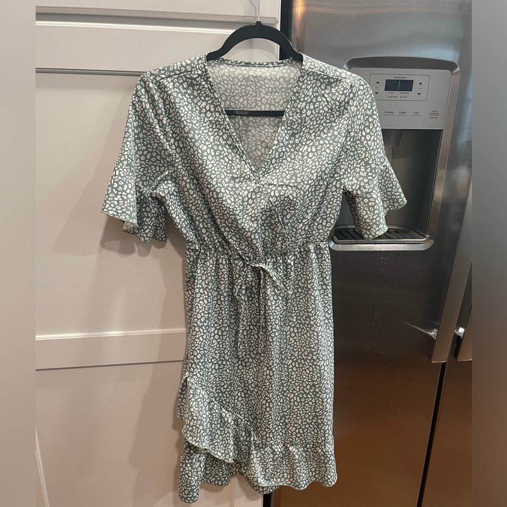 Teen/woman sundress, sage/cream floral with faux wrap skirt and ruffle hem